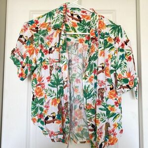 Tropical Print Button-Up Blouse